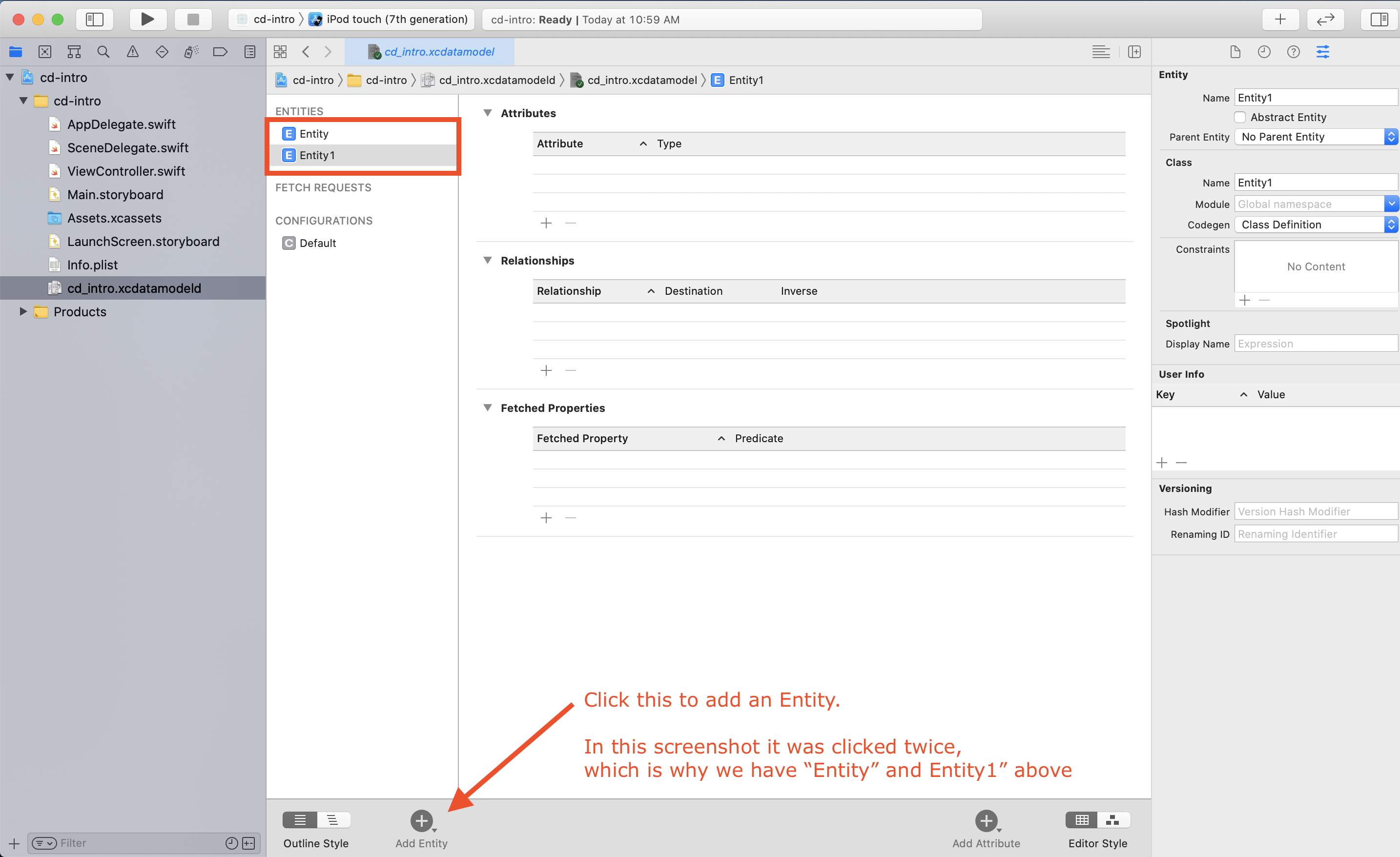 Screenshot of GUI for xcdatamodel file
