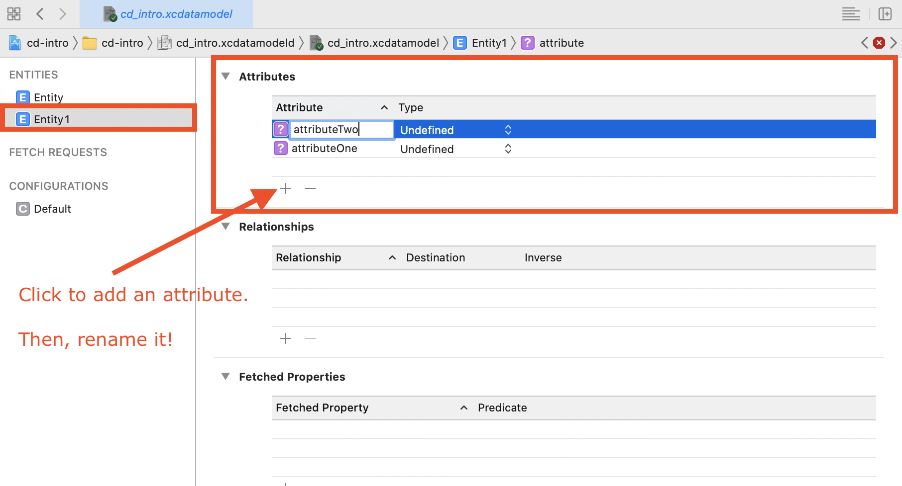Screenshot of GUI for xcdatamodel file